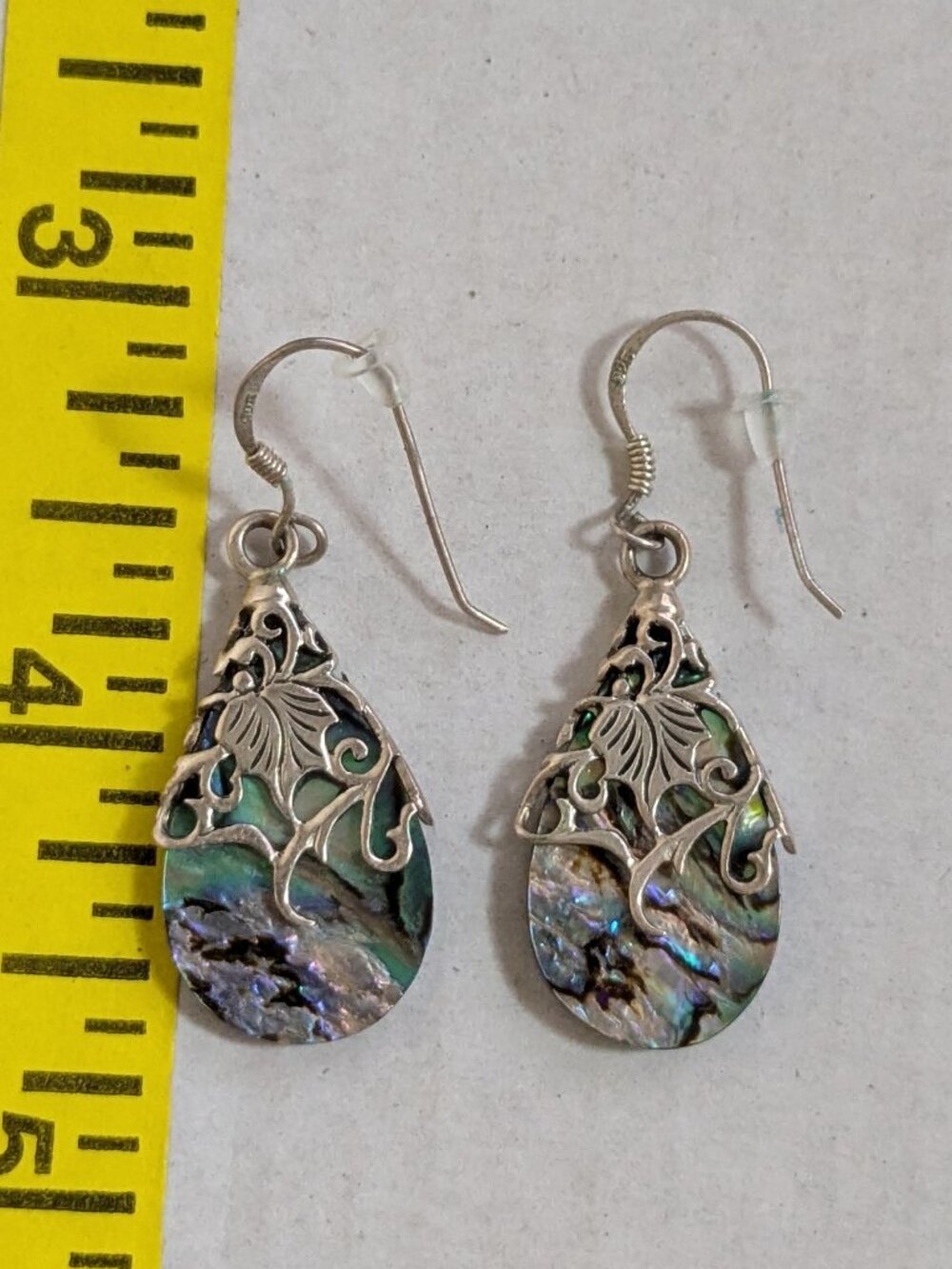 Vtg. 925 Sterling Silver Abalone Teardrop Ornate Filigree Vine Dangle Earrings